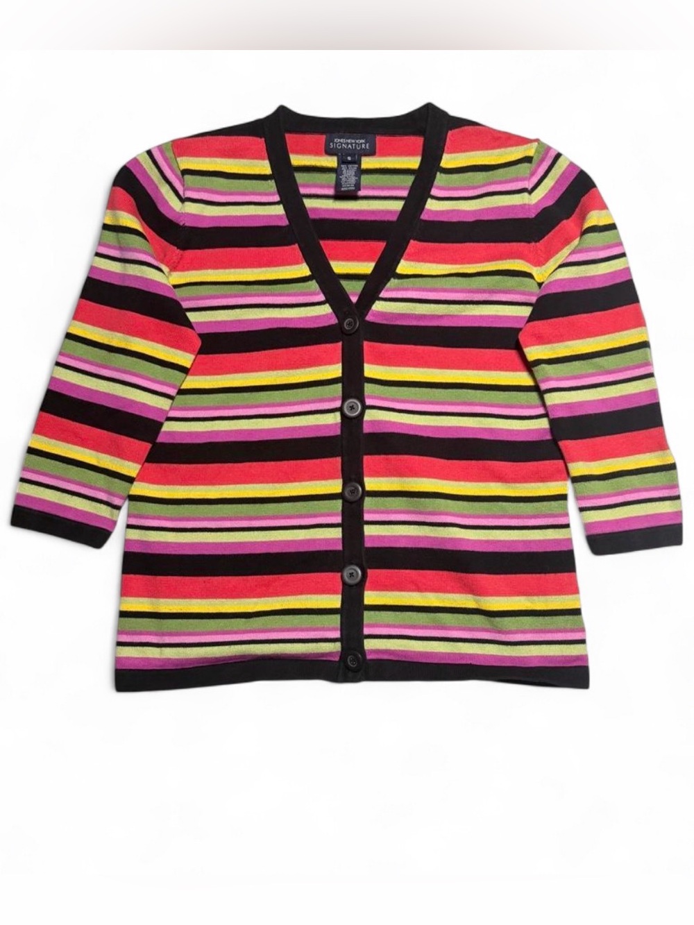 Jones New York Purple Red Green Candy Corn Cardigan Striped 3/4 Sleeve Women S